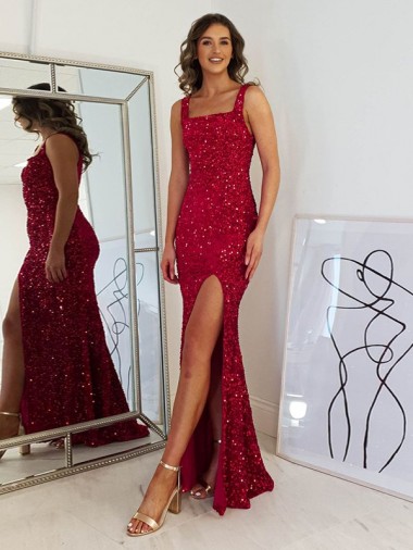 Inexpensive Square Neck Sleeveless Long Velvet Sequin Prom Dress with Slit UK