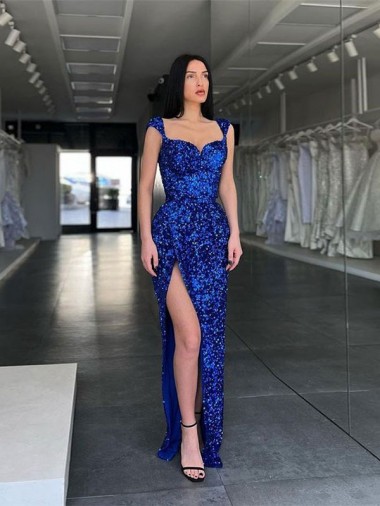 Inexpensive Sleeveless Long Sweep Train Velvet Sequin Prom Dress with High Slit and Straps UK