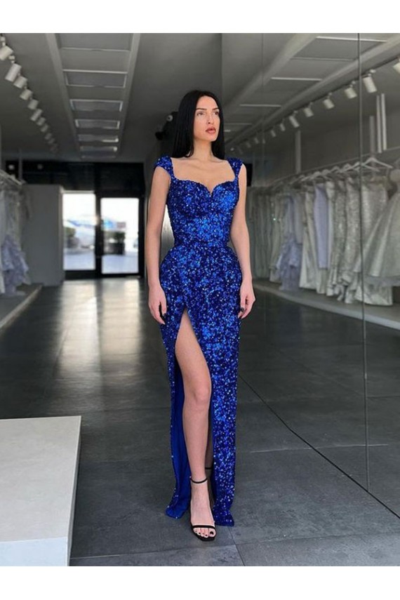 Inexpensive Sleeveless Long Sweep Train Velvet Sequin Prom Dress with High Slit and Straps UK