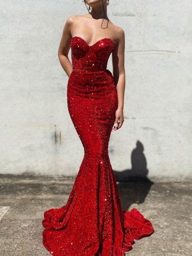 Inexpensive Mermaid Sweetheart Sleeveless Long Court Train Velvet Sequin Prom Dress UK