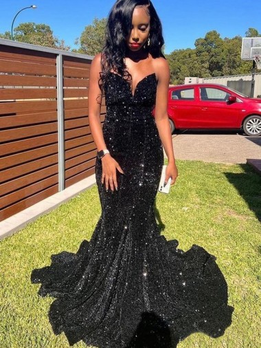 Inexpensive Mermaid Sweetheart Sleeveless Long Floor Length Velvet Sequin Prom Dress UK