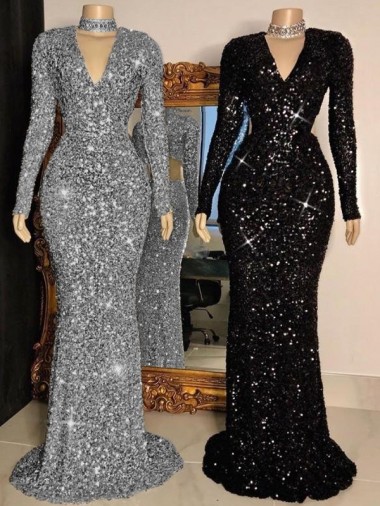 Inexpensive V-Neck Long Sleeves Long Sweep Train Velvet Sequin Prom Dress UK