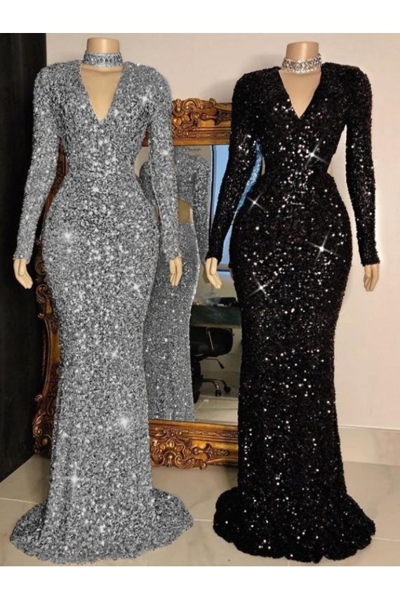 Inexpensive V-Neck Long Sleeves Long Sweep Train Velvet Sequin Prom Dress UK