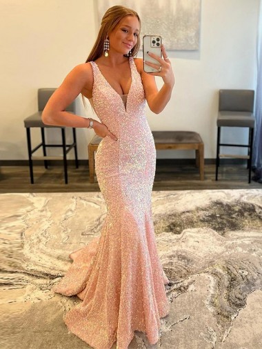 Inexpensive Deep V-Neck Sleeveless Long Low Back Velvet Sequin Prom Dress UK