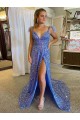 Inexpensive A-Line V-Neck Sleeveless Long Court Train Velvet Sequin Prom Dress with High Slit UK