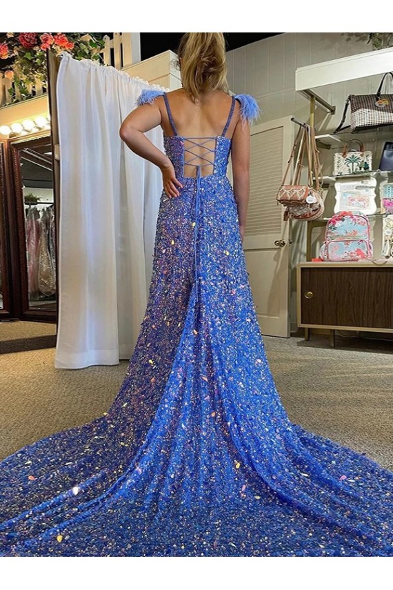 Inexpensive A-Line V-Neck Sleeveless Long Court Train Velvet Sequin Prom Dress with High Slit UK