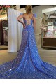 Inexpensive A-Line V-Neck Sleeveless Long Court Train Velvet Sequin Prom Dress with High Slit UK