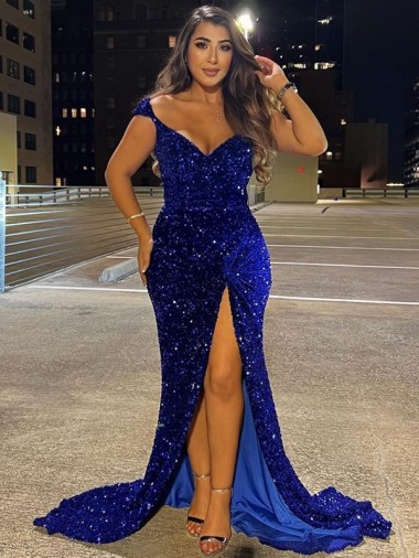 Inexpensive V-Neck Sleeveless Long Sweep Train Velvet Sequin Prom Dress with Slit UK