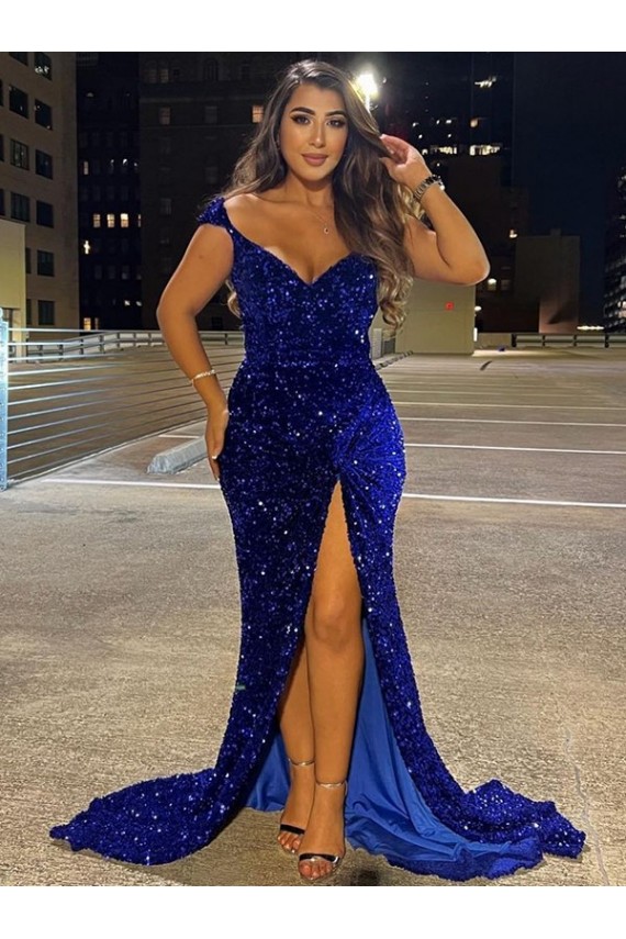 Inexpensive V-Neck Sleeveless Long Sweep Train Velvet Sequin Prom Dress with Slit UK