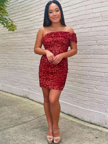 Inexpensive Short One Shoulder Sleeveless Velvet Sequin Cocktail Prom Dress UK