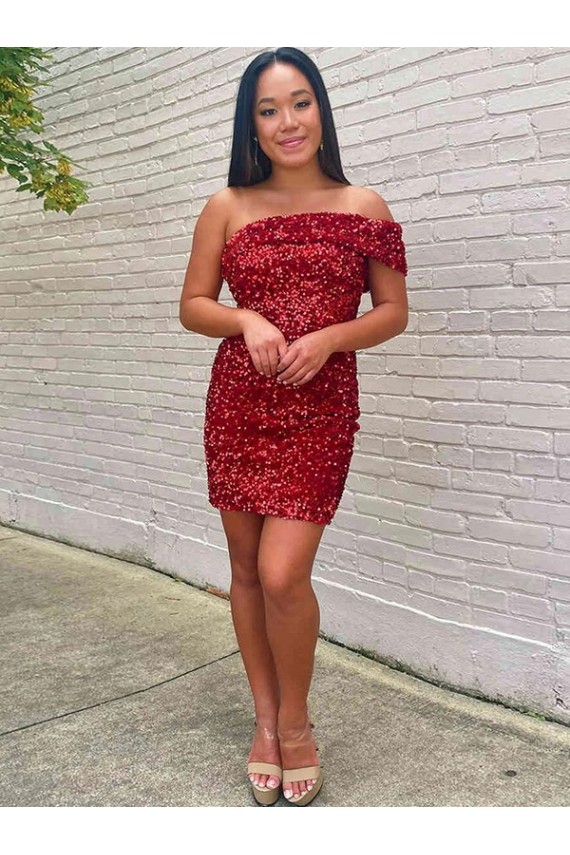 Inexpensive Short One Shoulder Sleeveless Velvet Sequin Cocktail Prom Dress UK