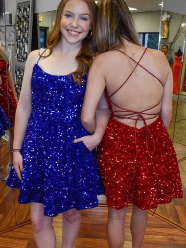 Inexpensive A-Line Spaghetti Straps Sleeveless Short Velvet Sequin Prom Dress UK