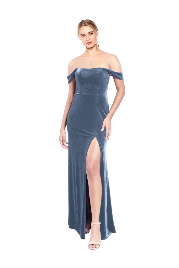 Inexpensive Draped Sleeves Wide Scoop Neck Off the Shoulder Velvet Prom Dress UK