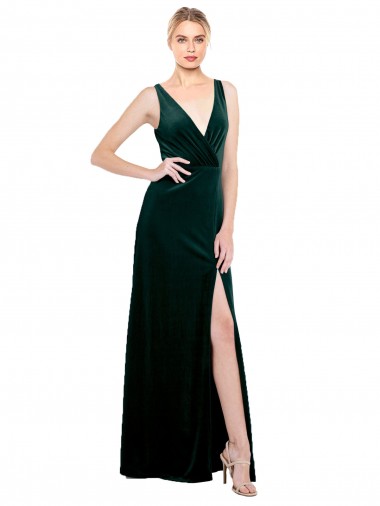 Inexpensive Sleek V-Neck Long Velvet Prom Dress with Side Slit UK