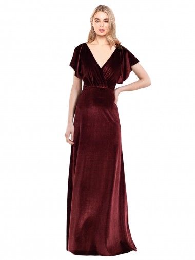 Inexpensive Flutter Sleeves Open Back Long Velvet Prom Dress UK