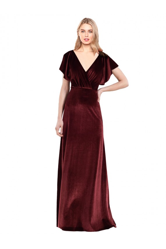 Inexpensive Flutter Sleeves Open Back Long Velvet Prom Dress UK
