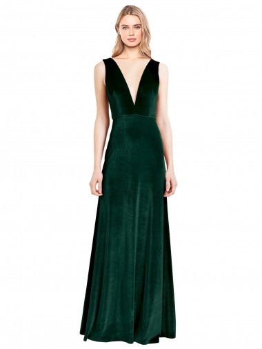 Inexpensive Daring Deep V-Neck Long Full Length Velvet Prom Dress UK