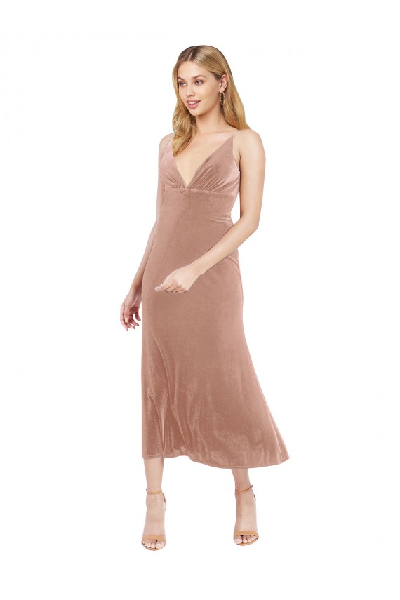 Inexpensive Midi Length Short V-Neck Velvet Cocktail Prom Dress / Homecoming Dress with Notched Neckline UK