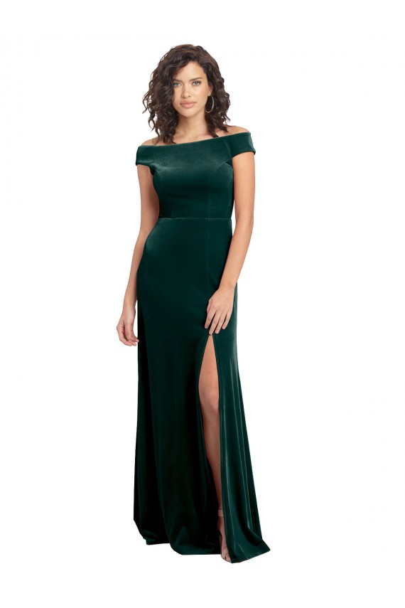 Inexpensive Floor Length Cap Sleeves Long Velvet Prom Dress with High Side Slit UK