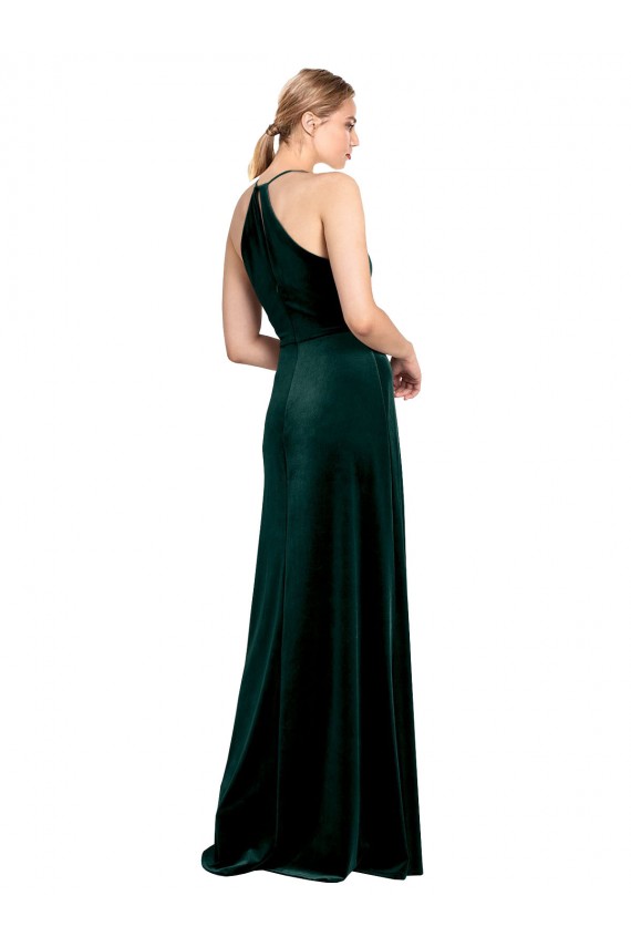 Inexpensive Long Jewel Neck Full Length Velvet Prom Dress with Side Slit UK