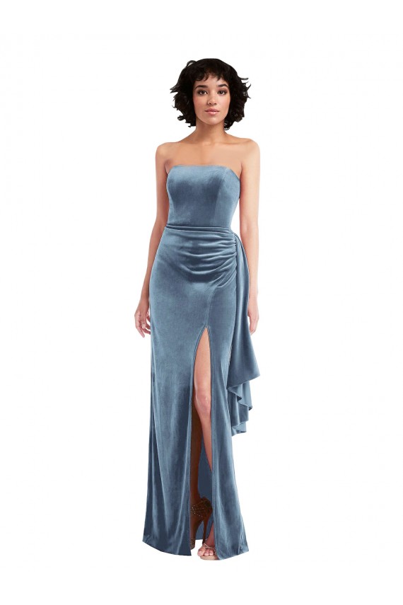 Inexpensive Strapless Velvet Maxi Prom Dress with Draped Skirt UK