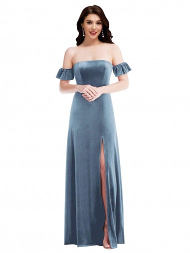 Inexpensive Ruffle Sleeve Off the Shoulder Velvet Maxi Prom Dress UK