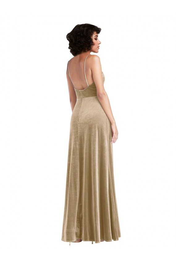 Inexpensive Square Neck Velvet Maxi Prom Dress with Front Slit & Pockets UK