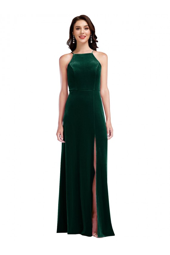 Inexpensive Velvet Halter Maxi Prom Dress with Front Slit & Pockets UK