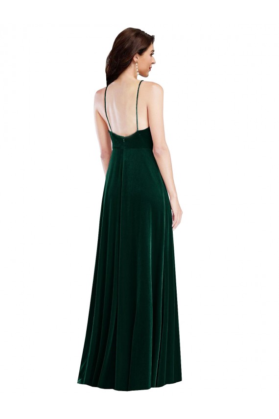 Inexpensive Velvet Halter Maxi Prom Dress with Front Slit & Pockets UK