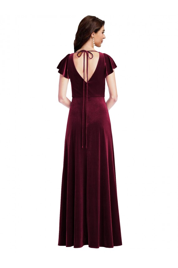 Inexpensive Flutter Sleeve Velvet Maxi Prom Dress with Pockets UK