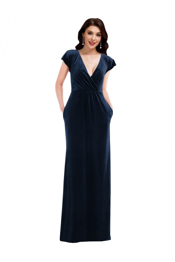 Inexpensive Flutter Sleeve Wrap Bodice Velvet Maxi Prom Dress with Pockets UK