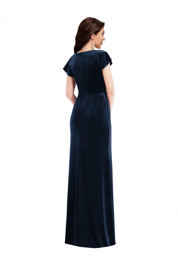 Inexpensive Flutter Sleeve Wrap Bodice Velvet Maxi Prom Dress with Pockets UK