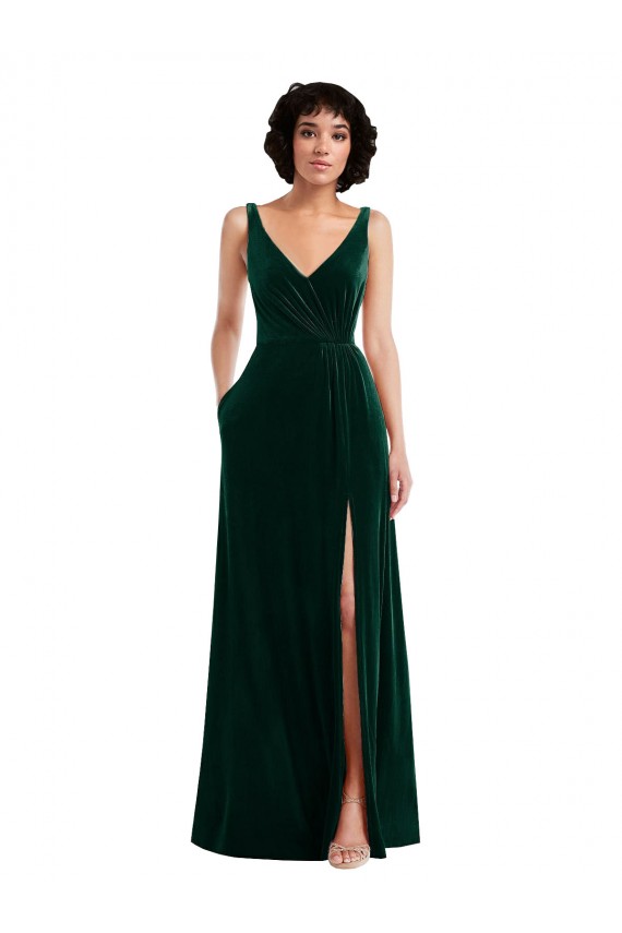 Inexpensive Floor Length Velvet Maxi Prom Dress with Shirred Bodice and Front Slit UK