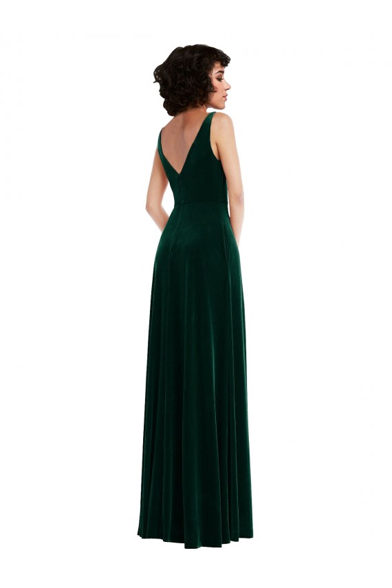 Inexpensive Floor Length Velvet Maxi Prom Dress with Shirred Bodice and Front Slit UK