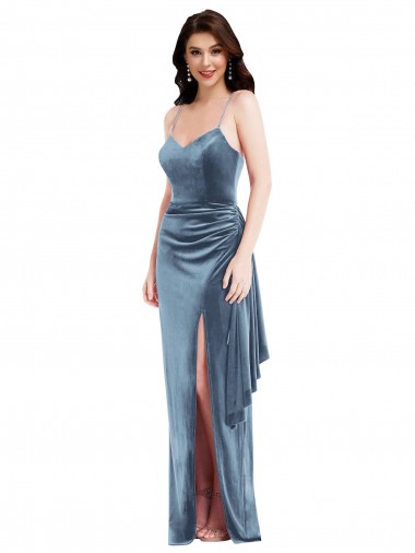 Inexpensive Spaghetti Strap Velvet Maxi Prom Dress with Draped Skirt UK