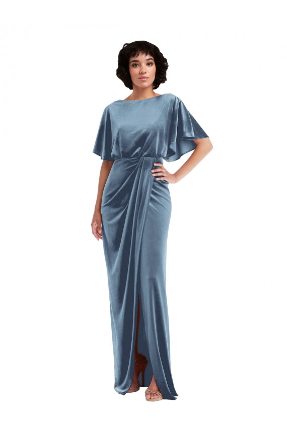 Inexpensive Flutter Sleeve Open Back Velvet Maxi Prom Dress with Pockets & Draped Wrap Skirt UK