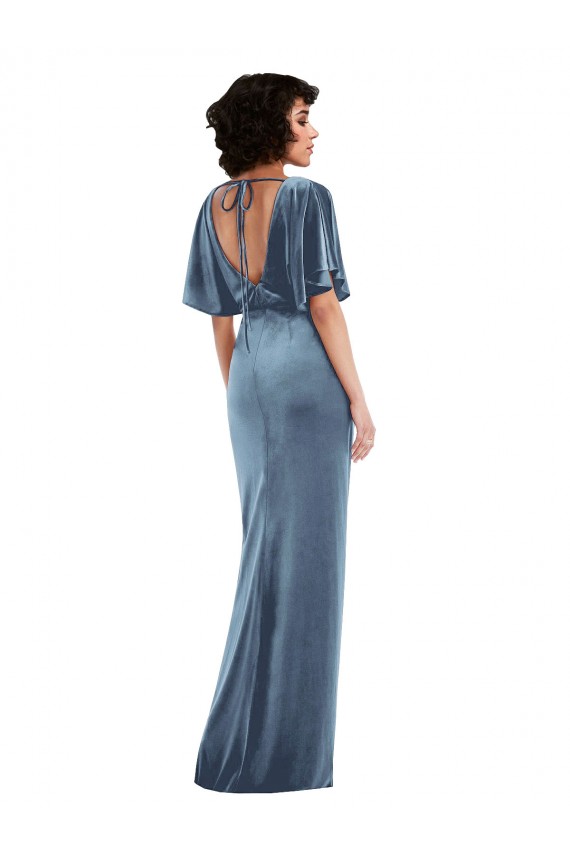 Inexpensive Flutter Sleeve Open Back Velvet Maxi Prom Dress with Pockets & Draped Wrap Skirt UK