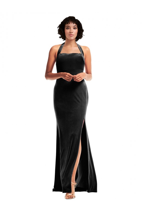 Inexpensive Empire Waist Stretch Velvet Prom Dress with Halter Strap UK