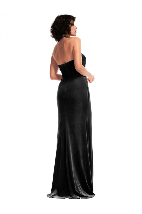 Inexpensive Empire Waist Stretch Velvet Prom Dress with Halter Strap UK
