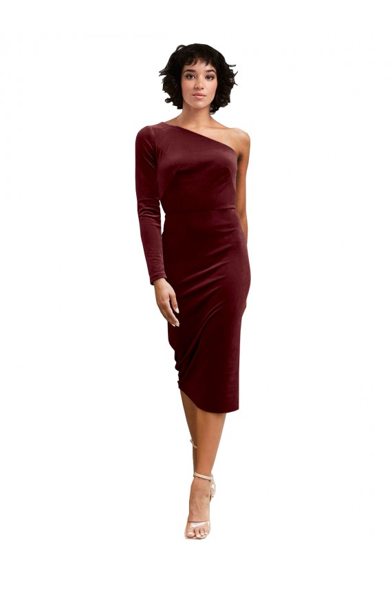 Inexpensive One Shoulder Fitted Short Midi Length Velvet Prom Dress UK
