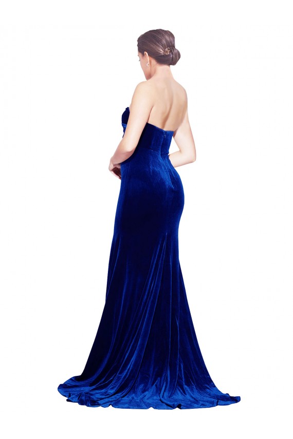 Inexpensive Strapless Ruched Velvet Prom Dress with Sweep Train and Front Slit UK