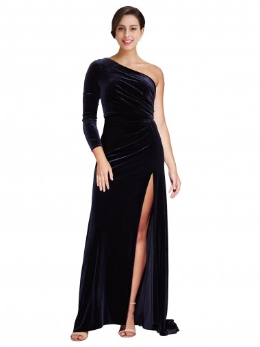Inexpensive One Sleeve Long Velvet Prom Dress with Thigh High Split UK