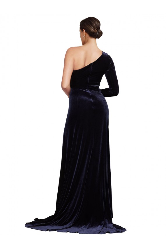 Inexpensive One Sleeve Long Velvet Prom Dress with Thigh High Split UK