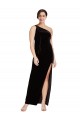 Inexpensive One Shoulder Long Velvet Prom Dress with Side Split and Shoulder Tie UK