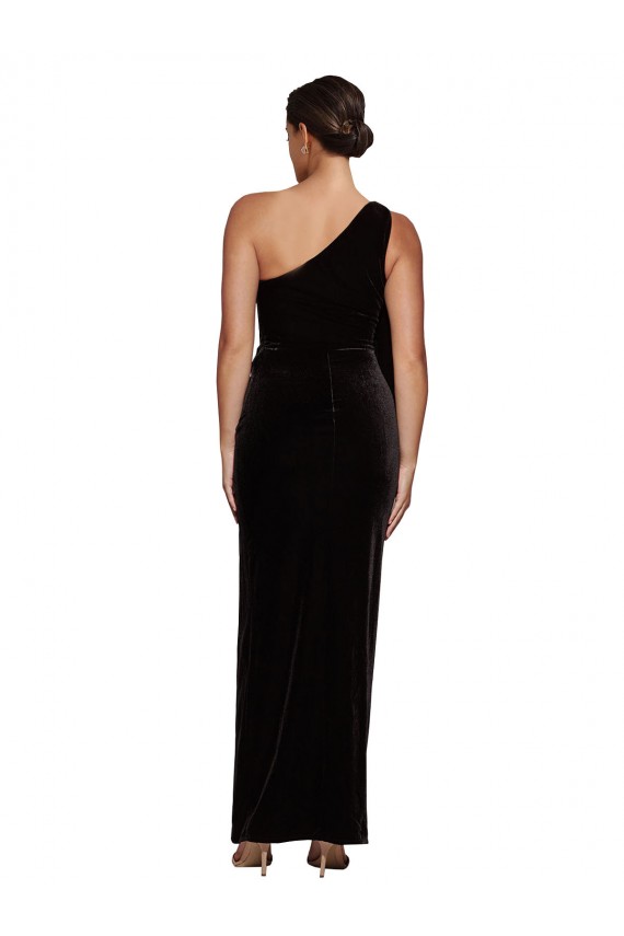 Inexpensive One Shoulder Long Velvet Prom Dress with Side Split and Shoulder Tie UK
