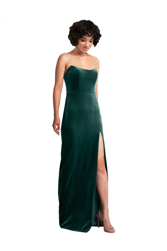 Inexpensive Scooped Strapless Long Velvet Prom Dress with Daring Side Slit UK